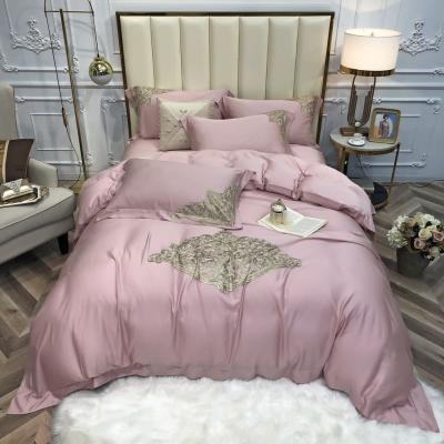 China Sunshine 100S Fabric Tencel Bedding Solid Color Comforter Anti-static Gold Embroidered Blanket Four Piece Sheet Set for sale