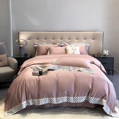 China Nondisposable Simple Light Luxury Cotton Four Piece Sateen Set Solid Color Wide Edge Embroidered Cotton Comforter Cover Bedding for sale