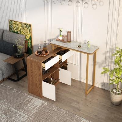 China Extendable Wooden Bar Table Marble Glass Table Top With Extendable Wine Rack Bar Counter for sale