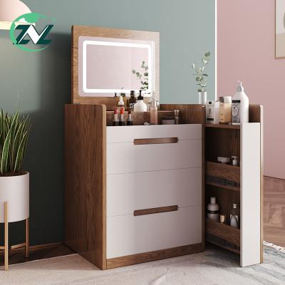 China Luxury Nordic Bedroom Mirror With Light Vanity Table Wooden Makeup Vanity Table Set With Storage Stools for sale