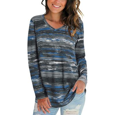 China Anti-wrinkle 008 2021 autumn fashion V-neck long sleeve printing stripe shirt for sale