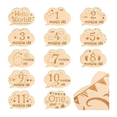 China Folk Art 13 Piece Monthly Baby Milestone Cards Wooden Baby Milestone Sign Baby Gift Sets First Year Growth Cards Photo Card Newborn Prop for sale