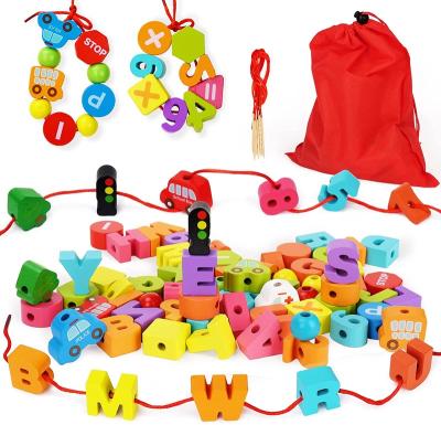 China Toy New Style Educational Wooden Number Blocks Cord Wooden Toys Alphabet Stringing Game Traffic Wood Cord Threading Blocks Toys for sale