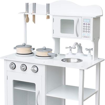 China Toy Kitchen Play Set Pretending Preschool Role Play Big White Kitchen Cooking Wooden Simulation Sets Toys Children Wooden Kitchen Set Pretend Cooking Play Toys for sale