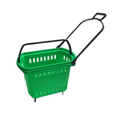 China Eco - Friendly Custom Colorful Pharmacy Super Market Plastic Rolling Shopping Basket With Wheels à venda