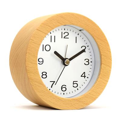 China Minimalist Wake Up Nap Classic Analog Round Modern Wooden Tabletop Alarm Clock For Bedroom for sale