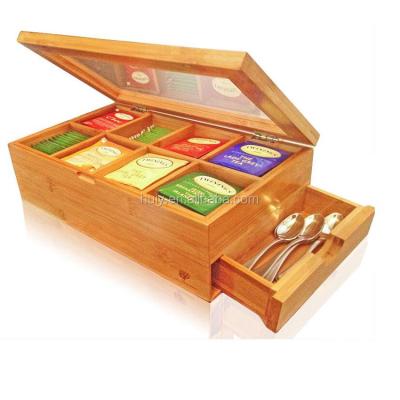 China Handmade Natural Bamboo Wooden 8 Sections Tea Box With Clear Glass Lid for sale