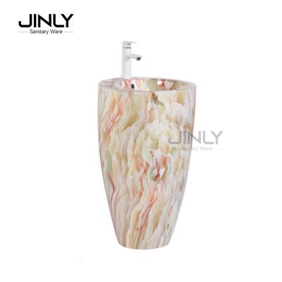 China Modern One Piece Pedestal Wash Basin Ceramic Floor Standing Stone Color Bathroom Sink for sale