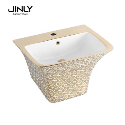 China Easy Clean Gold Ceramic Plated Wall Hung Basin Sink Bathroom Gold Color Wall Hung Basin for sale