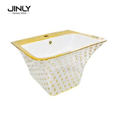 China Wall Hung Wash Basin Sink Bathroom Gold Color Easy Clean Gold Ceramic Wall Hung Basin for sale