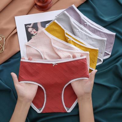 China New Breathable Wholesale Red Lace Plaid Paperback Mid Waist Cotton Triangle Shorts Women's Underwear for sale