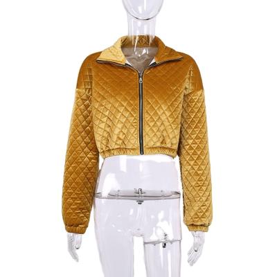 China Viable Wholesale Fashion Street Wear New Design Winter Long Sleeve Zipper Rhombus Turn Down Collar Solid Color Ladies Tops Coat for sale