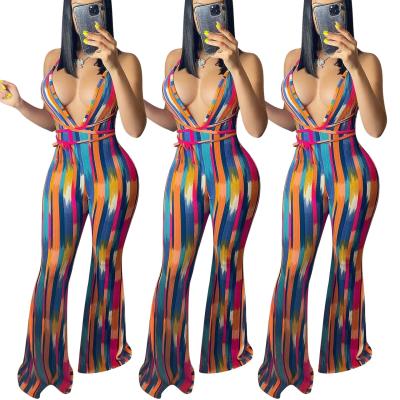 China Sustainable Slim Stripe Printed One Piece Deep V Bandage Flare Backless Overalls for sale