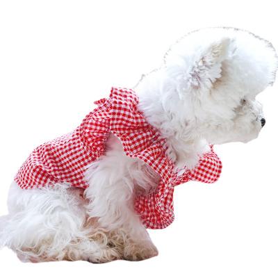 China Stocked high quality raw spring and summer pet clothes with red grid bow and slim pet clothes for sale