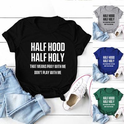 China Round Neck Shorts Breathable Loose Half Sleeve Breathable Half Sleeve Hood Letters Big Size Loose Casual Holy T-shirt Women for sale