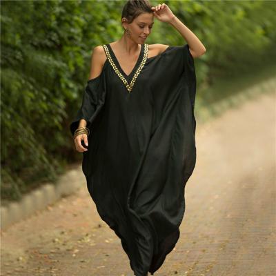 China Anti-pilling Anti-pilling Elegant Black Kaftan Beach Tunic Cotton Beach Cover Up Saida de Praia Swimsuit Women Bikini Cover Up Pareo Sarongs Beach Wear for sale