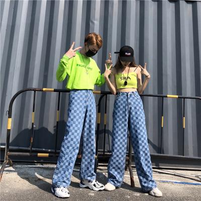 China Women Breathable Jeans Pants Plaid Hip Hop Female Wide Leg Pants New Harajuku FB Fashion High Waist Raw Denim Casual Pants for sale