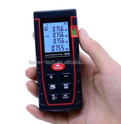 China Low Price Laser Distance Meter Ruler Laser Range Finder Digital Laser Area Tool 112X50X25mm Metric Tape 60M/Volume M/Ft/in for sale