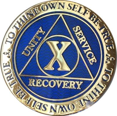 China America Recoverychip 10 Year Reflex Blue Gold Plated AA Medallion Alcoholics Anonymous Sobriety Chip for sale