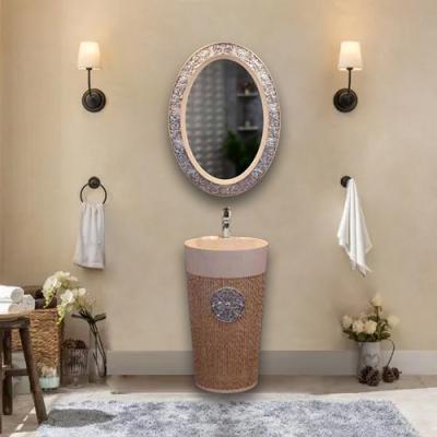 China Unique Design Round Basin Pedestal Wash Basin Solid Sand Stone Outdoor Wash Basin With Mirror for sale