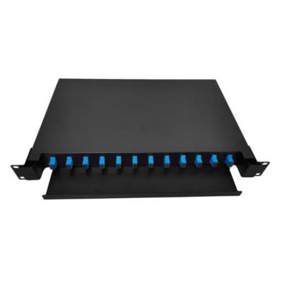 China FTTX Rack Mount Patch Panel Slides 19 Inch 12 Core SC Loaded Fiber Adapter Fiber Optic Cabinet Enclosure 1U Rack Mount P.J. for sale