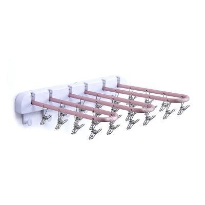 China Rustproof Foldable Rack Hangers for Socks Towel Metal Hangers Clothes Stretch Hanger with 24 Clips for sale