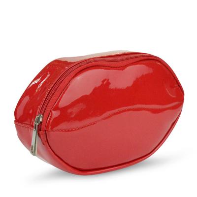 China Lady Custom Printed Logo Fashion Red Lip Shaped Cosmetic Pouches Zipper Bag Pu Leather Lip Makeup Bag For Lady for sale