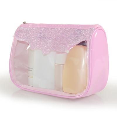 China PVC Lace Travel Makeup Bag Shiny Clean Pink Transparent Waterproof Makeup Pouch Eco-friendly Durable With Zipper for sale