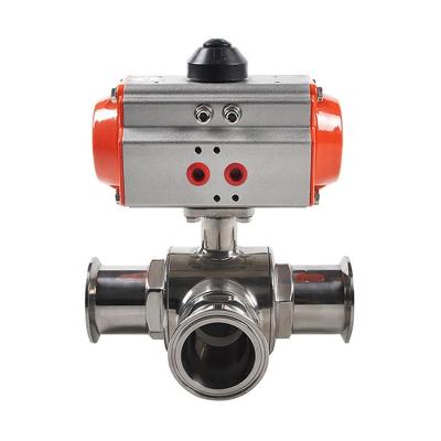 China General Customized Sanitary Stainless Steel Food Grade Three Way Pneumatic Operated Ball Valve for sale