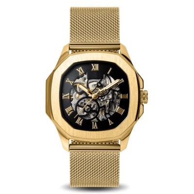 China Custom Auto Date New Gold Plated Hollow Out Skeleton Dial Luxury Mechanical Automatic Watch For Men for sale