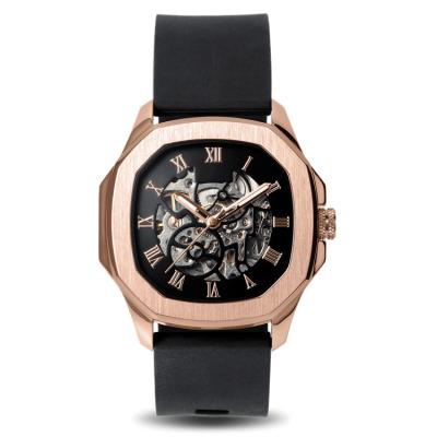 China Custom Koshi Logo Silicone Rubber Strap Rose Gold Date Movement Mechanical Automatic Wristwatch For Men for sale