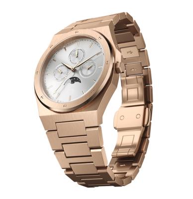 China Luxury Logo Brushed Vacuum Plated Rose Gold Chronograph Custom Stainless Steel Band Unisex Watch for sale