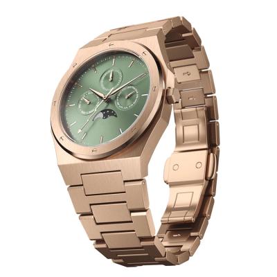 China Custom Chronograph Koshi Private Label Stainless Steel Band Moon Phase Mounted Gold Dial Green Mens Watch for sale