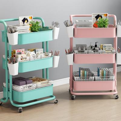 China Sustainable 3-Tier Rolling Utility Cart Multi-Function Storage Storage Cart Utility Cart with Mesh Basket Handles and Wheels for sale