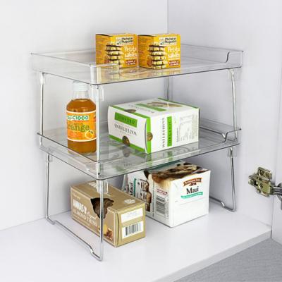 China Small Storage Shelf Folding Storage Cabinet Stackable Transparent Plastic Desktop Stand Adjustable Space Saver Rack for sale