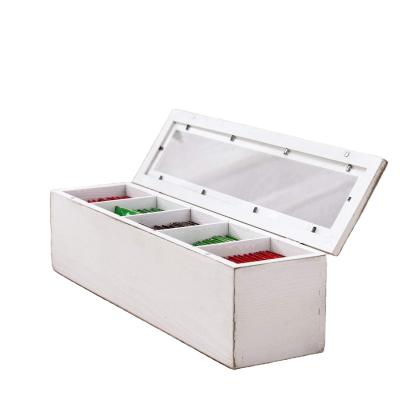 China China Retro White Wooden Compartment Tea Bag Storage Box With Transparent Magnetic Cover Wooden Storage Box for sale