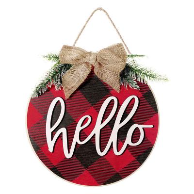 China Europe Christmas Wooden Buffalo Plaid Front Entrance Decoration Farmhouse Porch Sign Home Decoration Hanging Sign Hello for sale