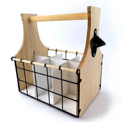 China Sustainable Portable Design Customized Iron And Wooden Beer Bottle Basket With Handles for sale