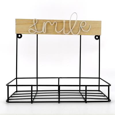 China Home Living Room Decoration Iron And Wood Combo Wall Hanging Storage Shelf With Letter for sale