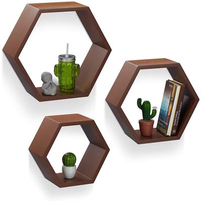 China Hexagonal Storage Ledge Hanging Sturdy Floating Shelf Wooden Bookcase Set of 3 Shelves for sale