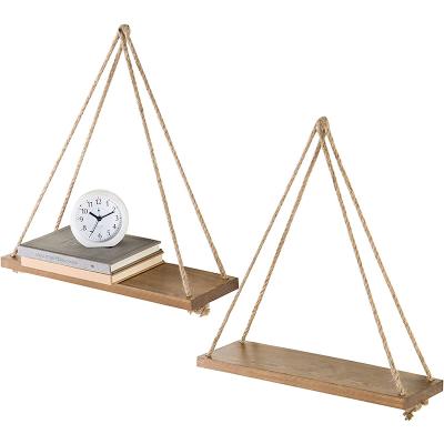 China Photo Potted Collectibles Family Storage Rack Wooden Hang Rope Swing Frame Rustic Plant Hanging Floating Shelves for sale