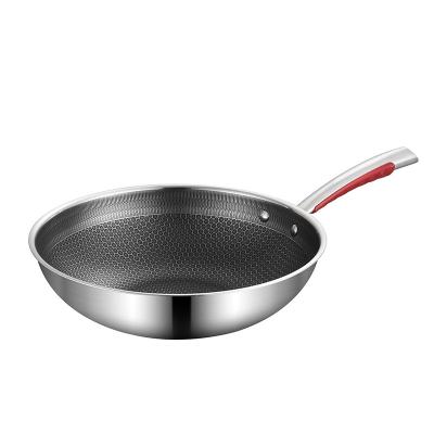 China Sustainable Double Sided Honeycomb Etched Cookware 32cm Stainless Steel Stick Non Frying Pan With Ss Handle for sale