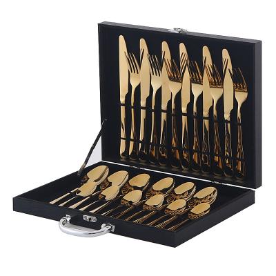 China 24 Piece Sustainable Gold Stainless Steel Cutlery Set With Gold Wooden Box for sale