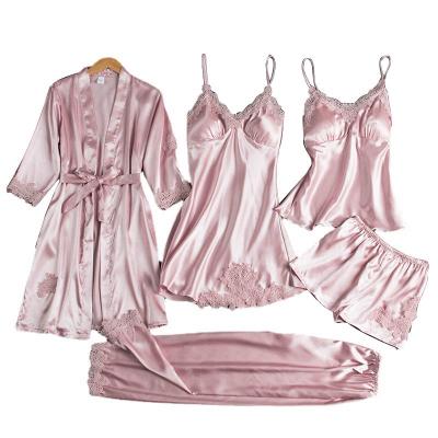 China Hot Selling Women's Breathable Pajamas Five-Piece Suit With Polyester Lace Suspender Sexy Maid Nightgown Suit for sale