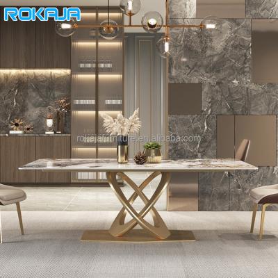 China (Other)Adjustable Luxury Dining Table Set With Gold Leg Marble Slate Marble Dining Room Furniture Rectanqular Modern Home Dinner Table With 6 8 Seater for sale