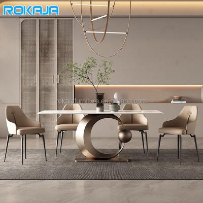 China (Other)Adjustable Modern Luxury Dinner Table Set Base Gold Stainless Steel Rock Marble Slab Table Top Rectangle Dining Table Room Furniture for sale