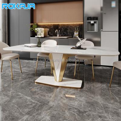 China (Other)Adjustable Luxury Rock Dish Dining Table Set Modern Shiny Light Dinner Table Stainless Steel Marble Top Rectangular Dining Room Furniture for sale