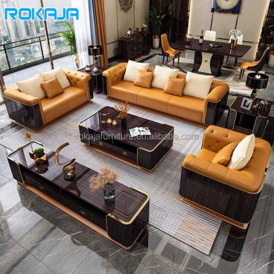 China Recommended Living Room Sofa High Gloss Ebony Lacquer Rose Gold Stainless Steel Sofa Adjustable Combination Designer Home Furniture (Other) Sofa for sale