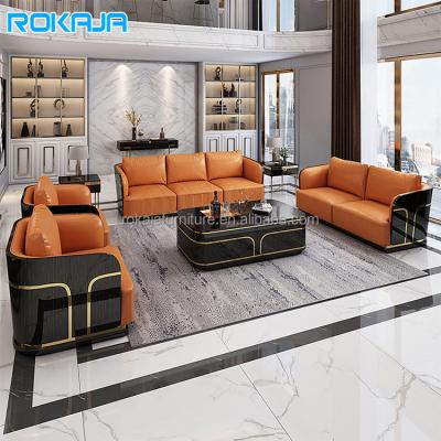 China (Other) Luxury Adjustable Upholstered Sofa Set Sponge Back Glossy Ebony Lacquer Design Leather Combination Sofa Villa Living Room Family for sale