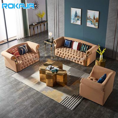 China Sofa Set Living Room Hotel Apartment Sofa Set Gold Stainless Steel Adjustable Classic Design High Quality Durable Leather Button Large for sale